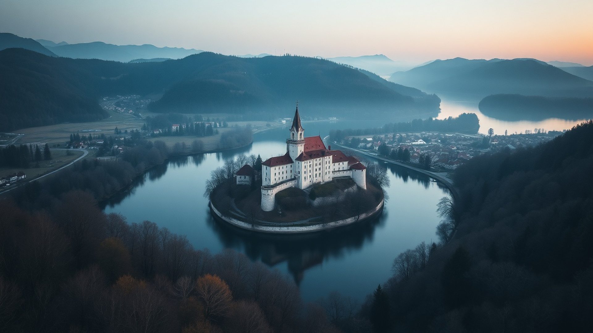 Zračni pogled na Ptuj in reko Dravo v svetlobi zore